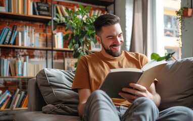 A happy man wearing a brown t-shirt sitting on the sofa reading a book in his living room