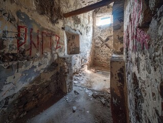 Fototapeta na wymiar Abandoned room with graffiti and decay.