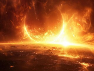 A fiery planet’s surface illuminated by an intense solar flare.