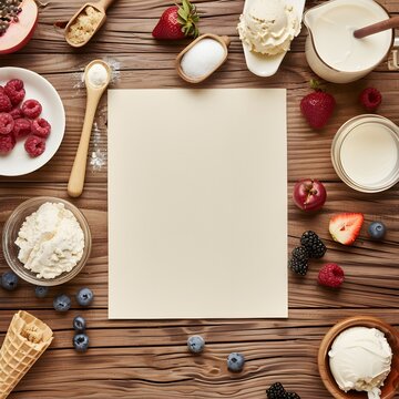 menu design, a blank recipe card sitting on a wooden kitchen table surrounded by milk, sugar, fruits, ice cream, whipped cream, aerial view, hyper-realistic, photography