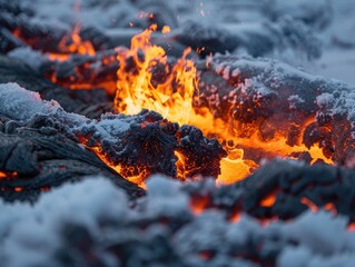 Hot lava amidst snow, a dance of fire and ice