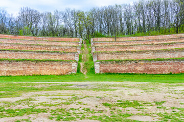 View at abandoned agricultural terraces now called singing terraces near the village Gorodne. Kharkiv region, Ukraine
