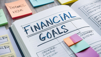 In a notebook, the words Financial Goals are written.