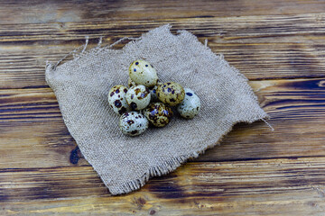 Spotted quail eggs on a sackcloth. Healthy nutrition