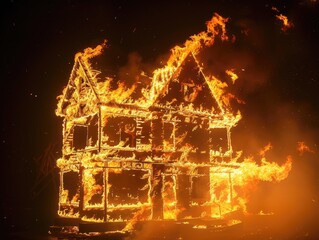 House model engulfed in bright, intense flames