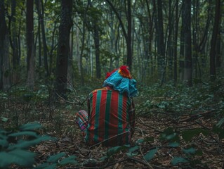 Lonely sad clown in eerie woods.