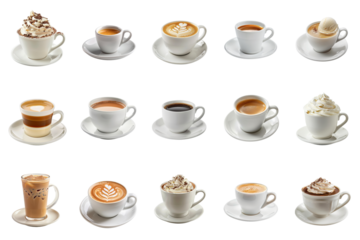 Assorted collection of coffee drinks in various cup, showcasing a variety of coffee types and toppings.