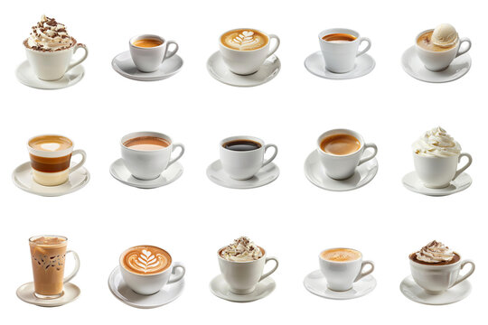 Assorted collection of coffee drinks in various cup, showcasing a variety of coffee types and toppings.