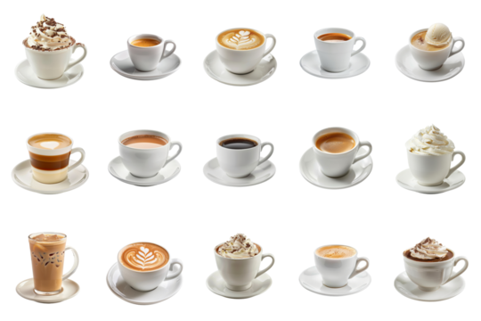 Assorted collection of coffee drinks in various cup, showcasing a variety of coffee types and toppings.