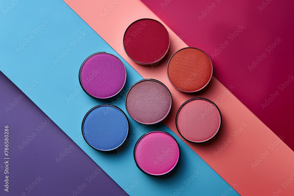 Poster a row of colorful makeup palettes are arranged on a blue and pink background. the palettes are of di