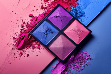 A makeup palette with four different colors of eyeshadow. The palette is surrounded by a colorful...