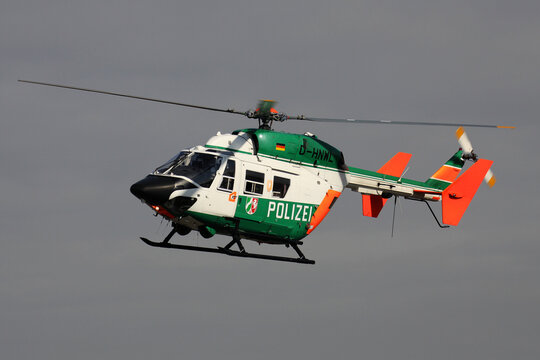 Dusseldorf, Germany - September 8, 2011: MBB BK 117 helicopter of the German North Rhine-Westphalia Police with registration D-HNWL on patrol
