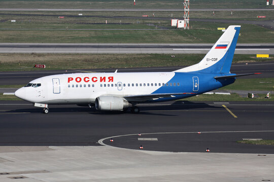 Dusseldorf, Germany - March 25, 2012: Rossiya Russian Airlines Boeing 737-500 with registration EI-CDF in basic Pulkovo livery on taxiway at Dusseldorf Airport