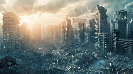 Post apocalypse after war or earthquake, apocalyptic destroyed city