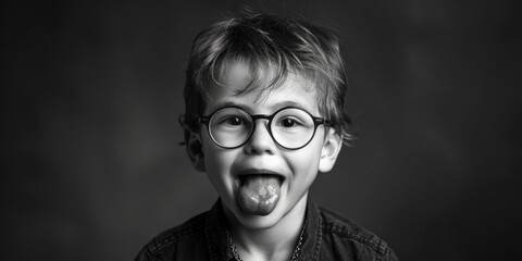 A young boy with glasses making a humorous expression. Suitable for various projects - obrazy, fototapety, plakaty