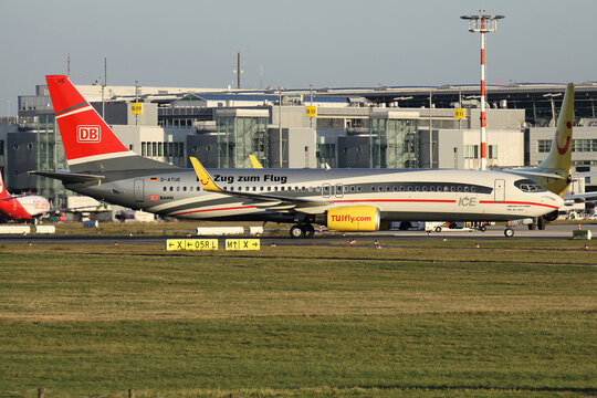 Dusseldorf, Germany - January 15, 2012: German TUIfly Boeing 737-800 with registration D-ATUE in special DB Air One / ICE livery on taxiway at Dusseldorf Airport