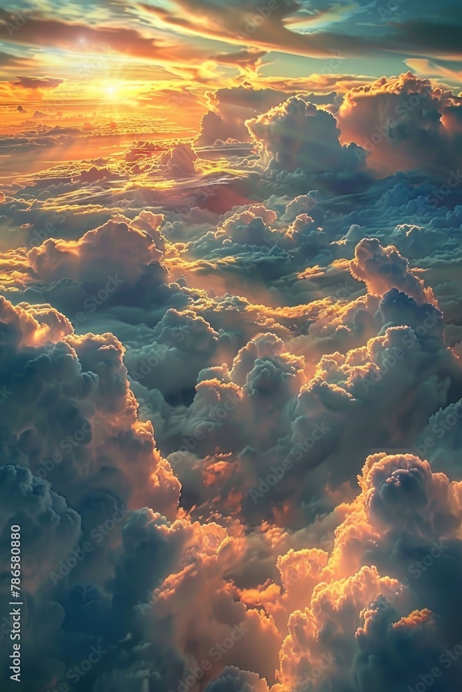 Poster sun setting over clouds above the ocean, ideal for travel websites