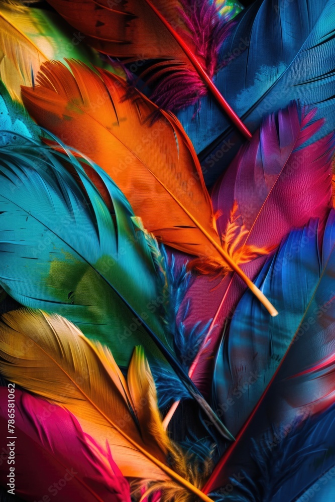 Poster a stack of vibrant feathers, perfect for adding a pop of color to your project