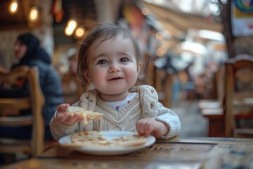 A young girl sitting at a table enjoying pizza. Perfect for food and family-themed designs