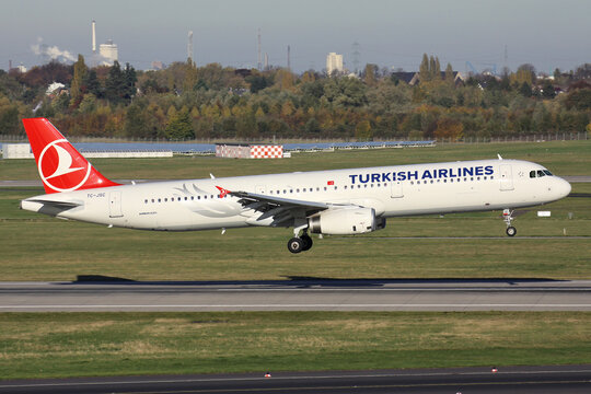 Dusseldorf, Germany - October 27, 2012: Turkish Airlines Airbus A321-200 with registration TC-JSC on short final for Dusseldorf Airport
