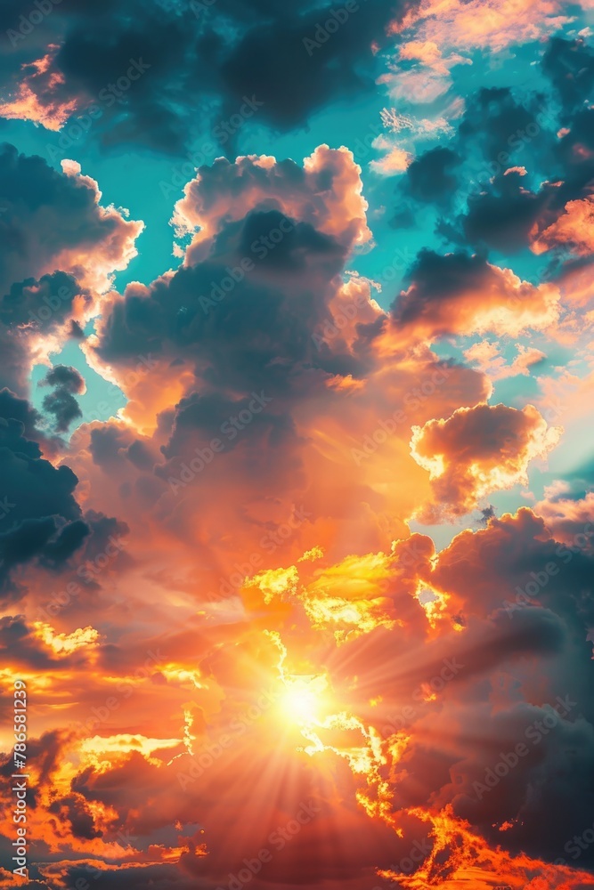 Poster A beautiful image of the sun shining brightly through the clouds. Perfect for various design projects