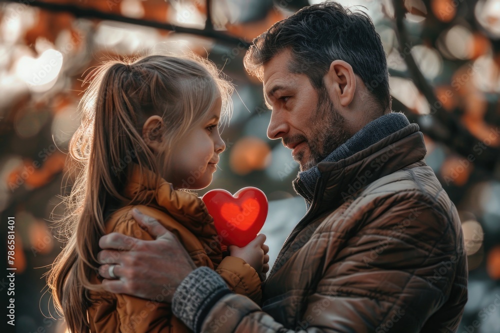 Poster A man holding a little girl with a red heart. Ideal for family and love concepts