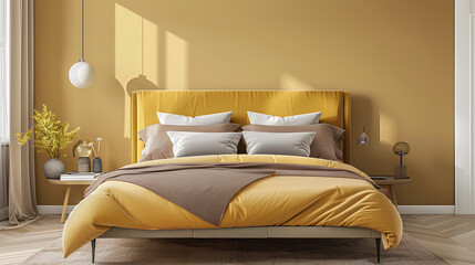 Bedroom in light beige color - ivory or pale yellow mustard with an ochre bed. Vertical mockup for...
