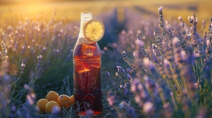 A bottle of soft drinks on a background of a lavender field glasses with wine fruits selective focus