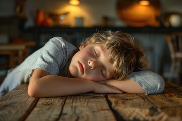 Obraz na płótnie Canvas A peaceful image of a young boy sleeping on a wooden table. Suitable for various concepts and designs