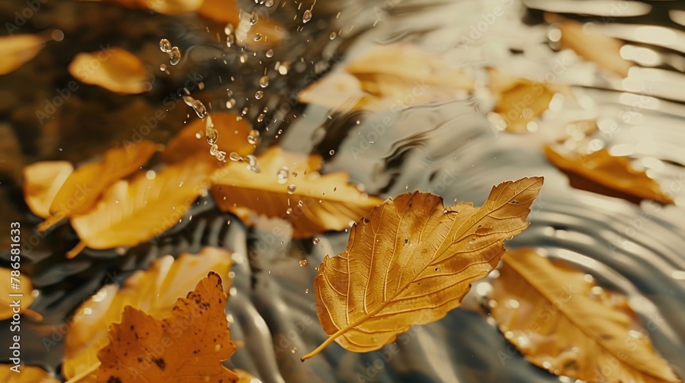 Poster A detailed view of a leaf floating in water. Ideal for nature or relaxation concepts