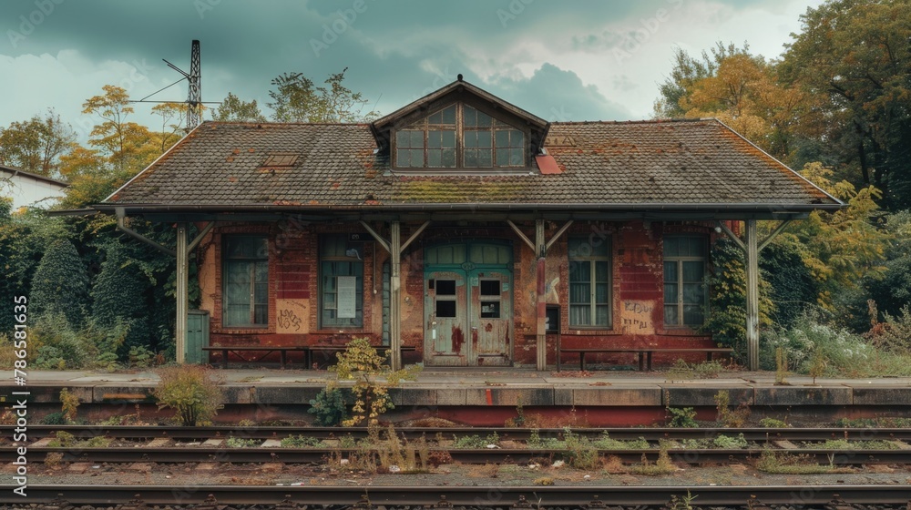 Poster a train station with a train on the tracks. suitable for transportation concepts