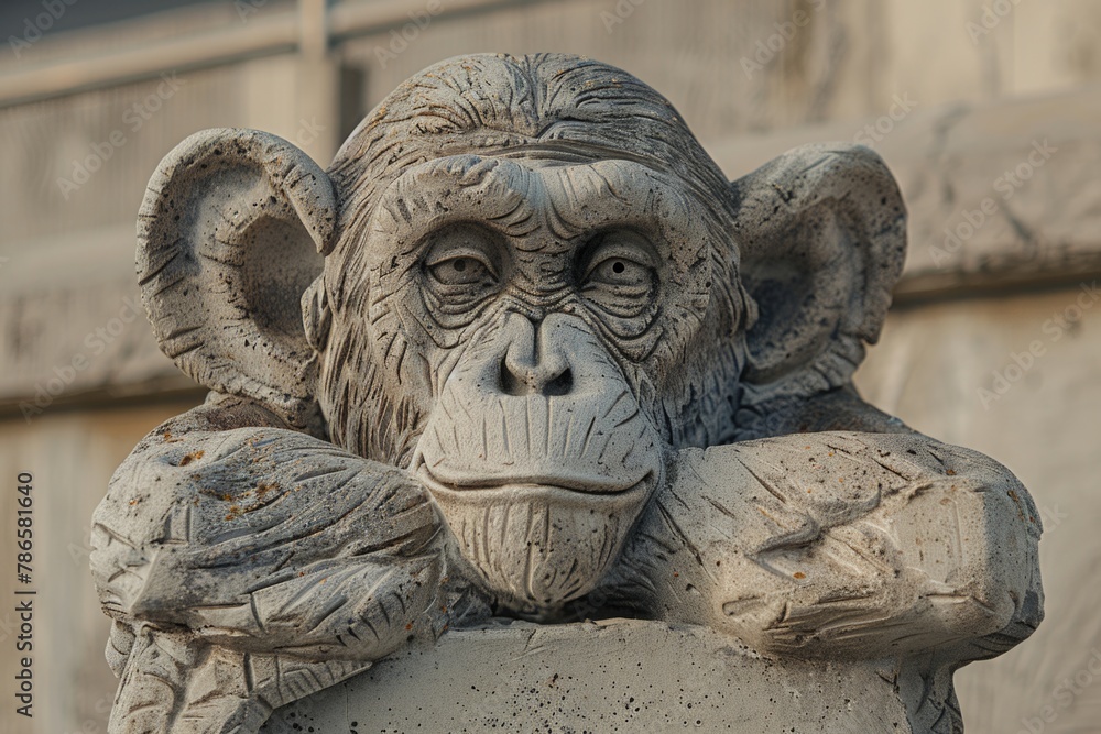 Poster a statue of a monkey holding a branch of a tree. suitable for nature and animal themes