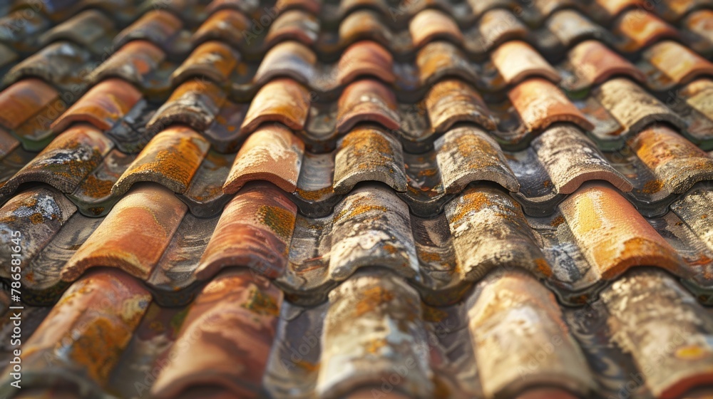 Poster detailed view of roof with numerous tiles. ideal for architectural projects