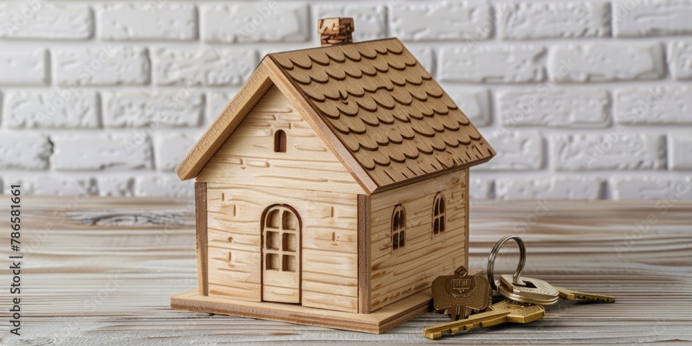 Poster a quaint wooden house with a bunch of keys in front. perfect for real estate or security concepts