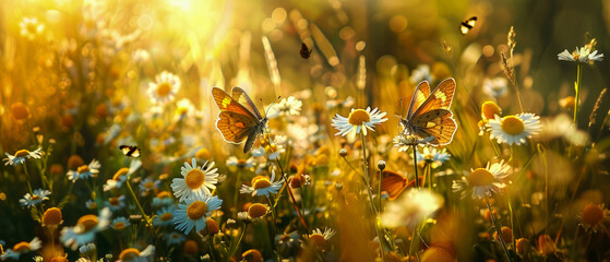 Sunlit meadow of white daisy flowers with fluttering butterflies. The natural beauty of summer nature, Panoramic landscape. Picturesque view. Atmosphere of calm and tranquility. - obrazy, fototapety, plakaty
