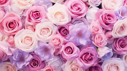 Background of fresh pink roses with delicate purple flowers. Full frame. Top view of rose. Studio shot of flowers.