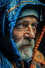 Middle aged man in hoodie with droplets on face standing and looking seriously