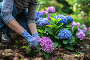 Gardener Planting Vibrant Purple Hydrangeas in Soil with Careful Tending, perfect for gardening tutorials or the beauty of hands-on horticulture