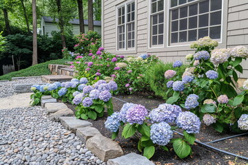 Colorful hydrangeas lining a garden path, great for landscaping or serene garden imagery