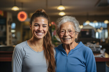 Happy young woman standing with diverse elderly lady in care home