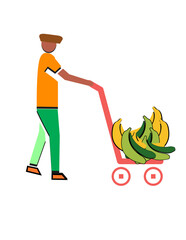 A man is pushing a shopping cart with a bunch of bananas