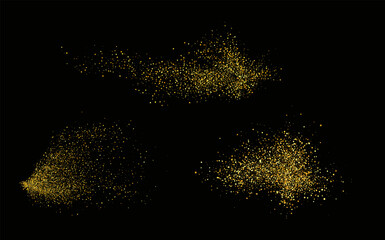 Collection ogolden glitter textures set against a sleek black backdrop. Radiant stardust in a warm amber hue. A cascade of sparkling  shine confetti.Overlay sand powder effect.
