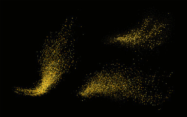 Collection ogolden glitter textures set against a sleek black backdrop. Radiant stardust in a warm amber hue. A cascade of sparkling  shine confetti.Overlay sand powder effect.