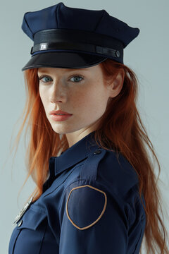 Pretty young red haired policewoman officer in blue uniform and cap. Police, cop. Isolated white background. Friendly expression. Stunning beauty. Empty badge for adding text. Sexy expression