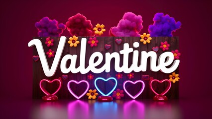 Vibrant and Festive Valentine’s Day Illustration with Neon Lights and Colorful Smoke on a Wooden Background