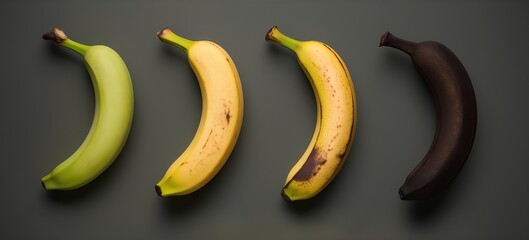 The Various Stages of Banana Ripeness from Fresh Green to Overripe Brown Displayed in a Progressive...