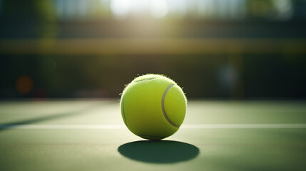 A tennis ball is lying on the tennis court.
