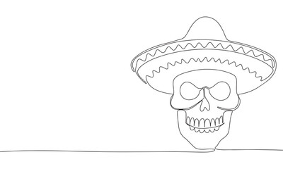 Skull in Sombrero one line continuous. Line art Skull in Sombrero. Hand drawn vector art.