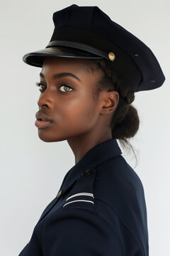 Pretty young black African american policewoman officer in blue uniform and cap. Police, cop. Isolated white background. Friendly expression. Stunning beauty. Green eyes.