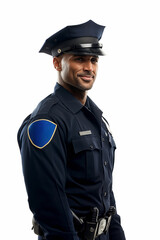 Fototapeta premium Handsome latino senior policeman isolated against a white background. Police, cop, law enforcer. Friendly expression. Muscular. Blue uniform outfit. With empty badge to place text.